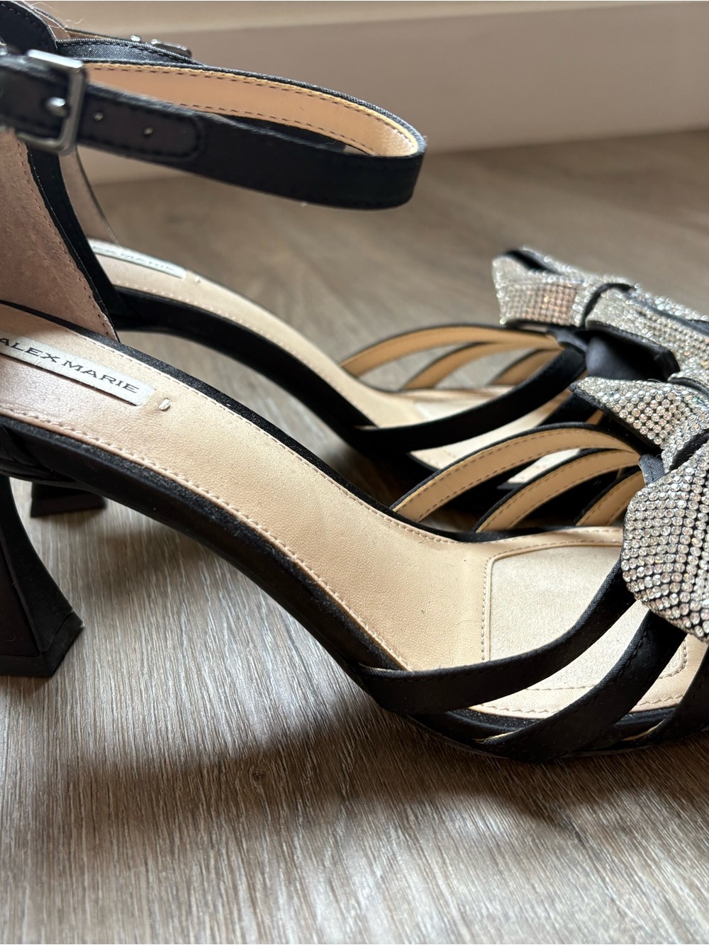 Alex Marie Black Satin Pointed Slingback Heels with Crystal Bow - Picture 3 of 5